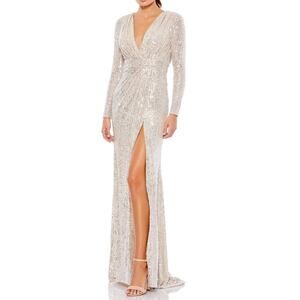 Ieena for Mac Duggal Dress Sequined Long Sleeve Evening Gown Maxi Silver NWT 6